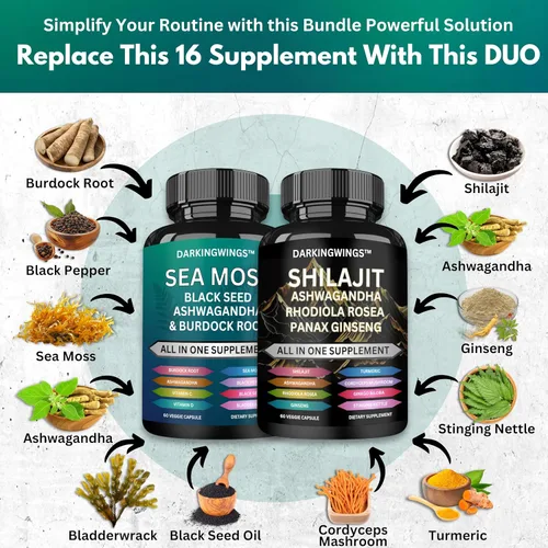 Vista 3 de Shilajit y musgo marino Combo - Cápsulas Shilajit añadidas Ashwagandha, musgo marino, jengibre y aceite de semilla negra, Rhodiola Rosea, Panax