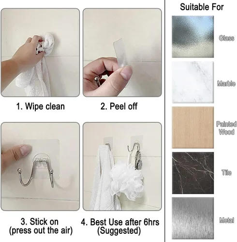 Vista 7 de Paquete de 15 ganchos grandes de pared adhesivos dobles, sin daños, impermeables, de 33 libras máximo, resistentes, para colgar, transparentes, sin