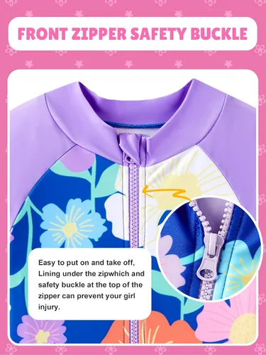 Vista 3 de Angel season Trajes de baño de manga larga para niñas, traje de baño de una pieza con protección contra erupciones, UPF50+ para niños pequeños