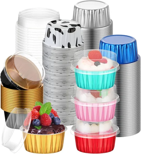 Vista 12 de 120 Pcs Moldes de Papel de Aluminio para Hornear Mini Moldes para Pasteles con Tapas 5 oz Forros para Cupcakes Moldes Desechables para Magdalenas