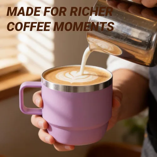 Vista 8 de Taza de café pequeña de 8 onzas con tapa deslizante magnética y asa, acero inoxidable 18/8 con forro de cerámica, doble pared aislada al vacío