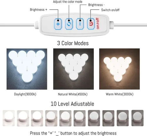 Vista 2 de Luces LED de espejo de tocador estilo Hollywood, luz de relleno USB, temperatura de color ajustable y brillo, adecuada para espejo de cuerpo
