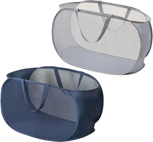 Vista 2 de 2 Piezas Cesta de Ropa Sucia Desplegable de Malla con Asas Duraderas Cestas de Lavandería Plegables Cesta de Ropa Plegable de Pástico para Cuarto