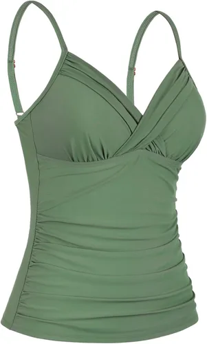 Vista 3 de Tankini para mujer, cuello en V, parte superior de natación fruncida con control de abdomen verde claro (Light Army Green)