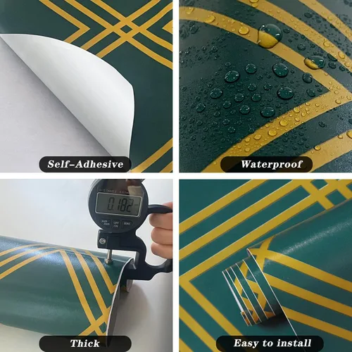 Vista 5 de Ohmywor Papel tapiz para despegar y pegar, papel tapiz verde oscuro y dorado, papel tapiz geométrico de diamante, papel de contacto autoadhesivo