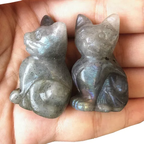 Vista 13 de 2 piezas de cristales de labradorita negra natural y piedras curativas, figuras de gato de la suerte talladas en bolsillo, coleccionables de 1.5