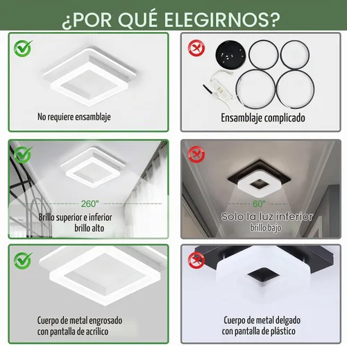 Vista 4 de CANEOE Luz de Pasillo Cuadrada de 24W, Moderna Luz de Techo LED de Montaje al Ras, Luces de Acrílico Blanco Cerca del Techo para Dormitorio Comedor