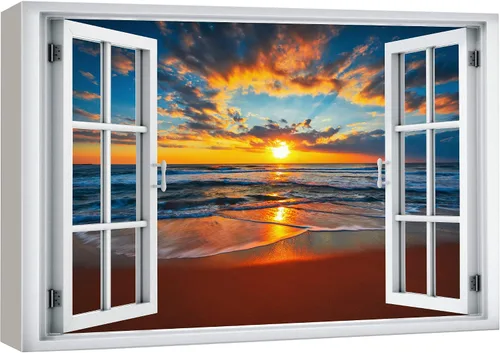 Vista 23 de wall26 - Cuadro en lienzo para pared, vista de ventana, atardecer neón, cielo, palmera tropical, playa, naturaleza, desierto, fotografía, realismo