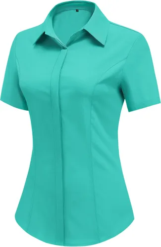 Vista 14 de HOTOUCH Camisas de manga corta con botones para mujer, blusa con cuello ajustado, blusa básica de verano para oficina, tallas S-2XL