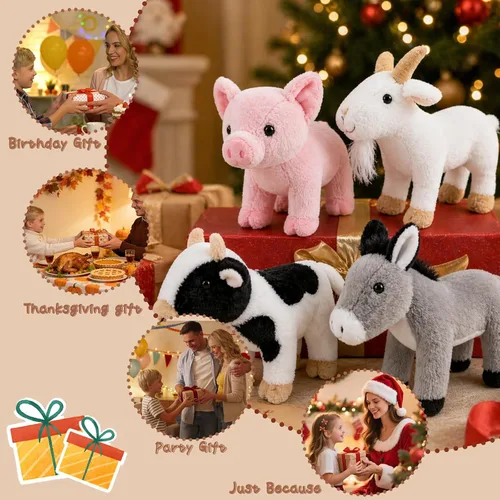 Vista 7 de Juego de 4 animales de peluche de granja de 8 pulgadas – cerdo, cabra, vaca y burro, juguetes ultrasuaves y lavables para niños, adorable decoración