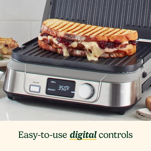 Vista 8 de Cuisinart GR-5BP1 Electric Griddler FIVE - Plancha eléctrica 5 en 1, con pantalla LCD, amplio rango de temperatura y función de sellado, acero