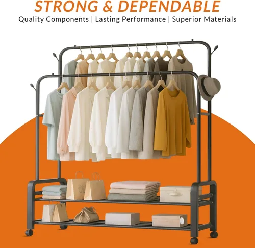 Vista 4 de Perchero resistente, perchero y perchero con ruedas, perchero independiente de doble barra para colgar ropa con estante de 2 niveles y organizador