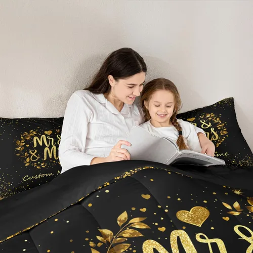 Vista 3 de Juego de ropa de cama personalizado con lentejuelas negras y doradas, tamaño individual, edredón de corazón dorado con purpurina para mujeres