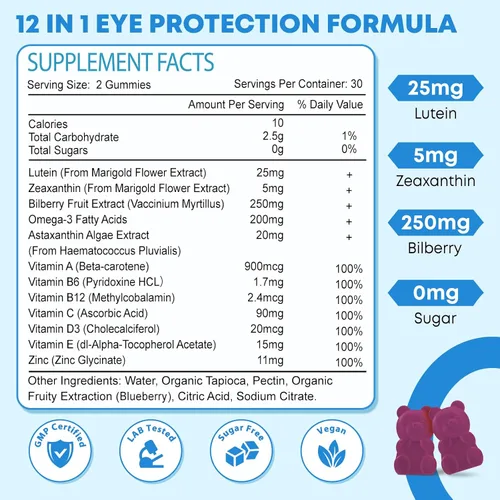 Vista 6 de Gomitas de luteína, suplementos de luteína y zeaxantina 12 en 1, vitaminas oculares para adultos, suplemento de salud ocular con múltiples vitaminas