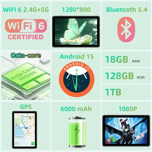 Vista 2 de Raemond Tablet Tabletas Android 15 de 10 pulgadas, 18GB RAM 128GB ROM 1TB Expandir Procesador Octa-Core, 1280x800 IPS Widevine L1, WiFi 6, cámara