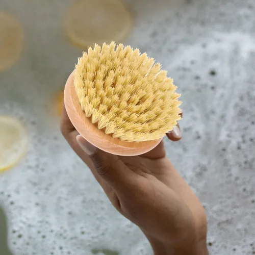 Vista 5 de Cepillo de ducha con mango para la espalda, exfoliante corporal de madera, cepillo de ducha de baño para cepillado húmedo o seco