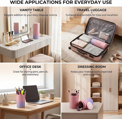 Vista 7 de VASANA Organizador de brochas de maquillaje de piel sintética rosa con tapa, herramientas de maquillaje portátiles, estuche organizador de gran