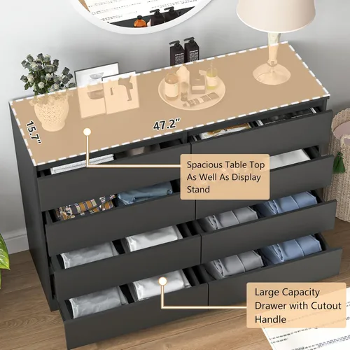 Vista 5 de Vibe & Dine Cómoda doble de 8 cajones, cómoda de madera moderna con amplio almacenamiento para armario, dormitorio, sala de estar, color negro