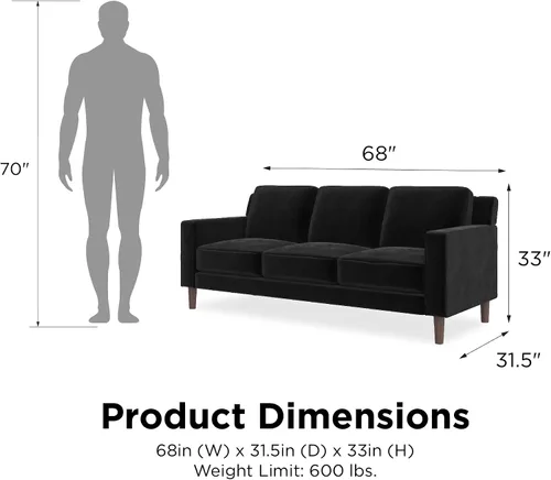 Vista 3 de DHP Brynn - Sofá tapizado de 3 plazas, muebles de sala de estar, terciopelo negro Negro Terciopelo