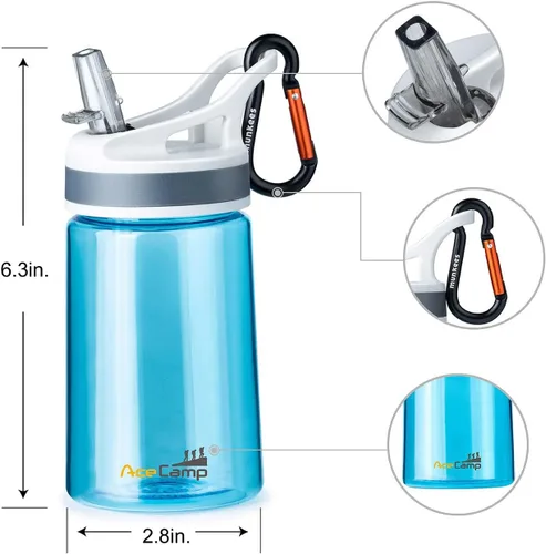 Vista 2 de AceCamp Paquete de 2 botellas de agua para niños con popote para la escuela, niños y niñas, botella de agua pequeña de 12 onzas con clip Tritan sin