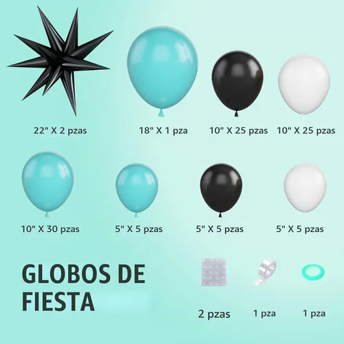 Vista 2 de Kit de arco de globos color verde azulado, globos blancos y negros, lámina de estrella plateada, perfecto para cumpleaños, bodas, baby shower