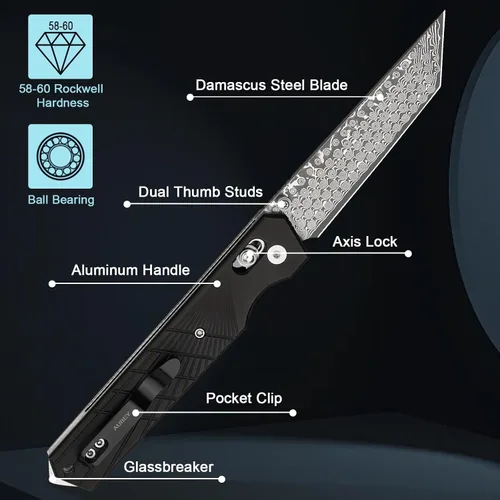 Vista 4 de AUBEY Damascus Axis Lock - Cuchillo de bolsillo con bloqueo de barra transversal de 3.46 pulgadas, cuchillos plegables con clip para hombres y Mango