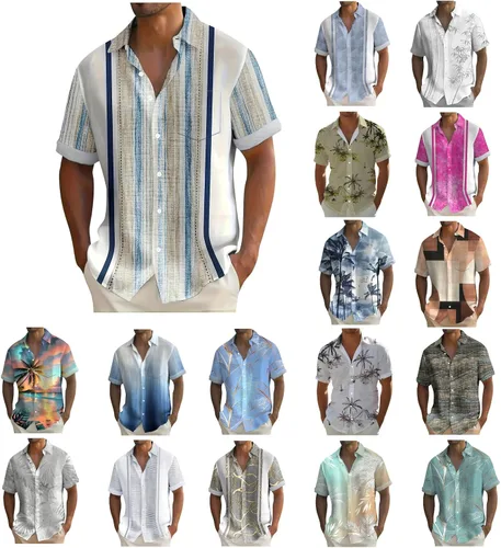 Vista 5 de Camisa hawaiana para hombre, con botones, manga corta, casual, elegante, grande y alta, floral, verano, tropical, para vacaciones