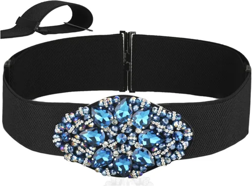 Vista 7 de Beaded Rhinestone Belt Wide Stretchy Belt for Women Dresses Negro