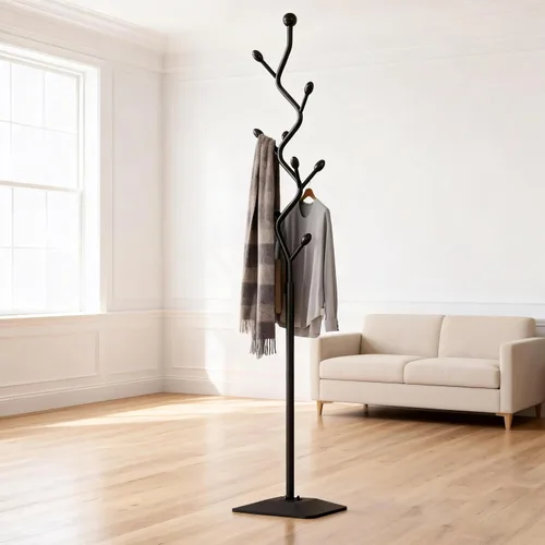 Vista 7 de Perchero con forma de árbol, árbol de abrigos independiente con 8 ganchos y base de metal resistente para abrigos, sombreros y bolsos, soporte