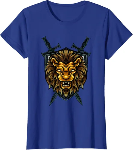Vista 84 de Camiseta con diseño de caballero medieval renacentista, con diseño de espada de león, Negro, S