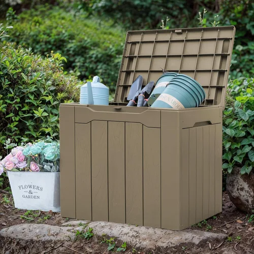 Vista 4 de GUNJI Caja pequeña de 30 galones para exteriores, impermeable, de resina, contenedor de almacenamiento con cerradura, caja de entrega de paquete