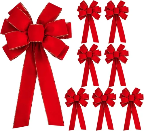 Vista 11 de Iceyyyy 2 lazos grandes de Navidad, 35.4 x 17.1 pulgadas, lazos de terciopelo rojo con bordes dorados, adornos para decoración de árbol de Navidad