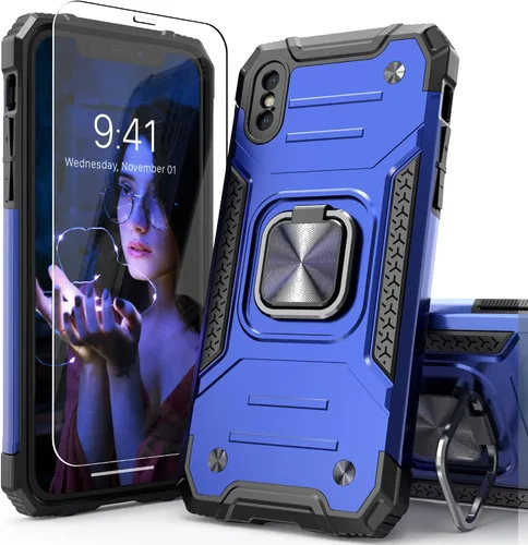 Vista 12 de Funda protectora ligera para iPhone Xs con protector de pantalla, absorción de golpes, resistente a prueba de caídas con soporte para automóvil