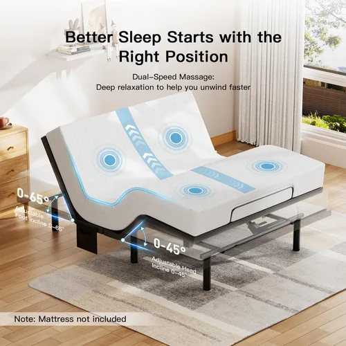 Vista 5 de Pipishell - Somier ajustable individual XL con masaje, base de cama eléctrica con inclinación de la cabecera y las patas, puertos USB-A y USB-C