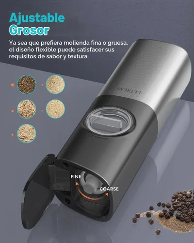 Vista 5 de Ultrean Molinillo de Pimienta Recargable, Molinillo de Sal y Pimienta por Gravedad con 6 Niveles de Grosor Ajustables, Luz LED, Operación Automática