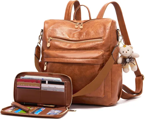 Vista 20 de Soperwillton Bolso de mochila para mujer. Bolsos de mano con diseño multiusos. Bolsa de hombro de cuero sintético. Bolsa de viaje. Juego de 2