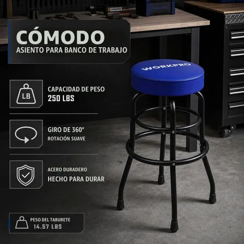 Vista 9 de WORKPRO Taburete de garaje resistente, asiento de cojín giratorio, marco de acero