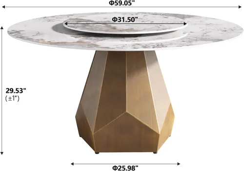 Vista 2 de Montary Mesa de comedor redonda moderna de mármol artificial de 59 pulgadas con base de metal de latón antiguo y tocadiscos de piedra sinterizada