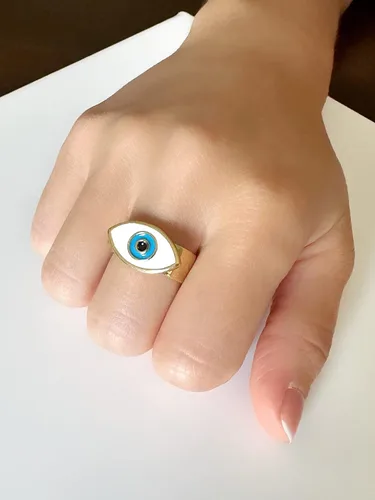 Vista 4 de LESLIE BOULES Anillo esmaltado de ojo turco chapado en oro de 18 quilates ajustable para mujer, Esmalte Metal