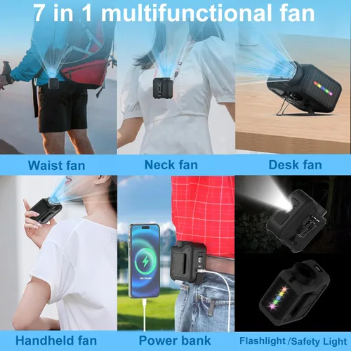 Vista 7 de Qerhod Ventilador turbo portátil 7 en 1, ventilador de cintura personal con clip, linterna manos libres y más, refrigeración potente, tiempo de Negro
