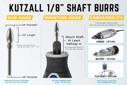 Vista 3 de Kutzall Kit de fresas rotativas de 4 piezas - Eje de 1⁄8", Fino - Brocas de tallado de madera para Dremel, Foredom, Ryobi, DeWalt, Milwaukee Tools