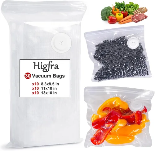 Vista 9 de Higfra Bolsas selladoras al vacío reutilizables sin BPA (8.5 x 8.3 pulgadas), 30 piezas y 2 clips de sellado, plástico de válvula mejorada