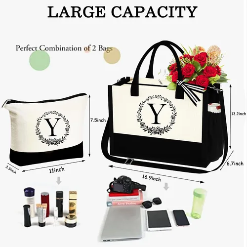 Vista 2 de YOOLIFE Bolsa de algodón con inicial con bolsa de maquillaje, bolsa de playa con cremallera correa ajustable, regalos de cumpleaños para mujeres