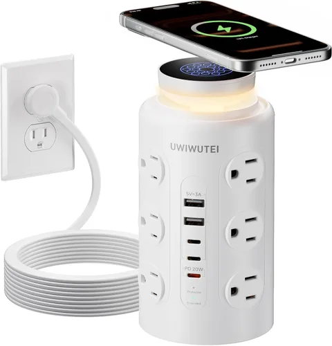 Vista 11 de Regleta de alimentación con protector de sobretensiones de torre (16 salidas de CA + 5 puertos USB incluyendo 2 tipos C), cable de extensión de 5