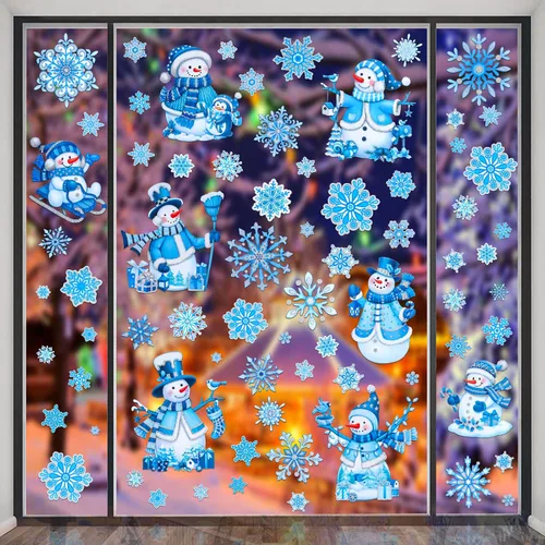 Vista 2 de Calcomanías de ventana de Navidad para vidrio, pegatinas de muñeco de nieve para ventana, polvo de brillo, etiquetas adhesivas estáticas de brillo