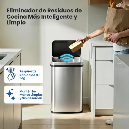 Vista 2 de Ninestars DZT-50-28BR - Bote de basura rectangular con sensor de movimiento automático sin contacto, parte superior negra, 13 galones, 49 L, cepillo