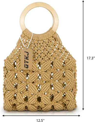 Vista 2 de Boho - Bolso de mano de algodón tejido a mano con mango redondo de madera (caqui), Blanco, caqui., 12.2''x 12.2