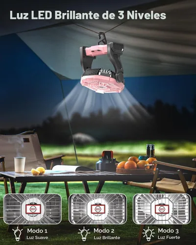 Vista 6 de AEscod Ventilador de camping recargable, ventilador de campamento inalámbrico con linterna LED, gancho para colgar, rotación de 270°, 20000 mAh Rosa