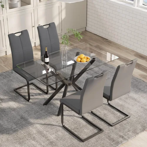 Vista 17 de 5-Piece 47" Dining Table with 4 PU Leather Chairs, Modern Dining Table Set for 4, Rectangle Black Top Kitchen Table with Black Metal Legs for Dining
