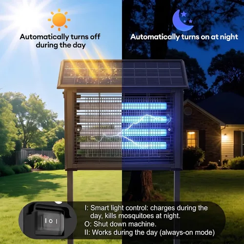 Vista 4 de Exterminador solar de insectos 2026 al aire libre Impermeable: 4500 V Mosquito Zapper con panel solar de 14 W, Asesino de mosquitos de Negro